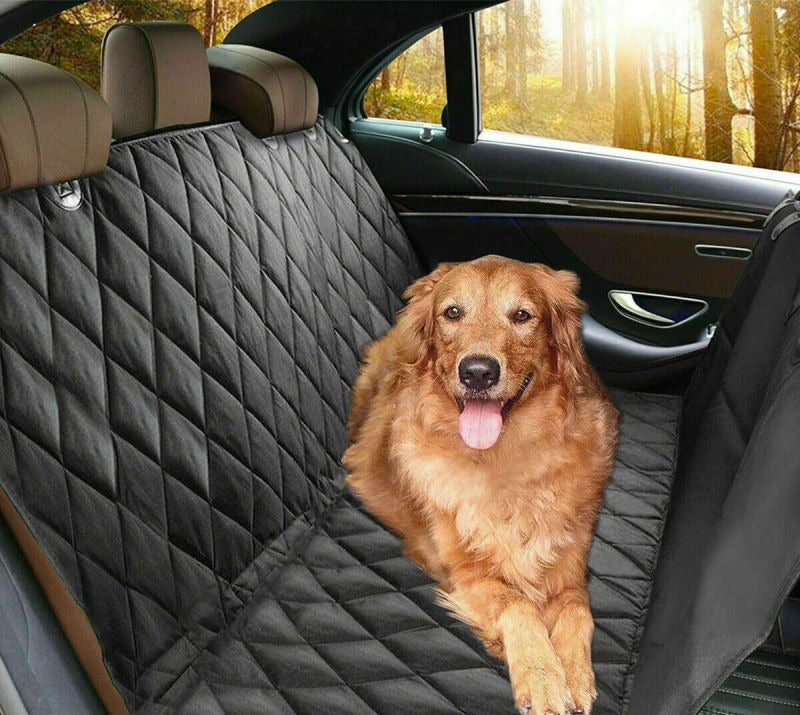 Golden retriever sitting on a waterproof black hammock-style car seat cover in the back seat