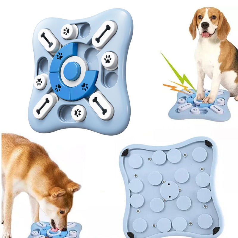 Dogs playing with a blue sliding-and-rotating puzzle treat toy with three difficulty levels