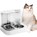 White 2-in-1 automatic gravity pet feeder and water dispenser with a fluffy cat sitting beside it